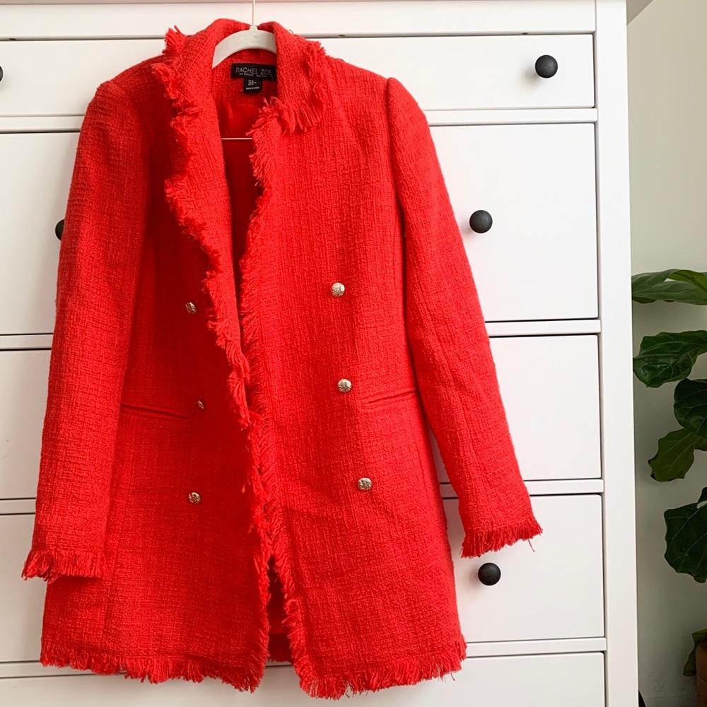 Rachel Zoe Red Tweed Open Jacket Gold Buttons - Picture 1 of 6